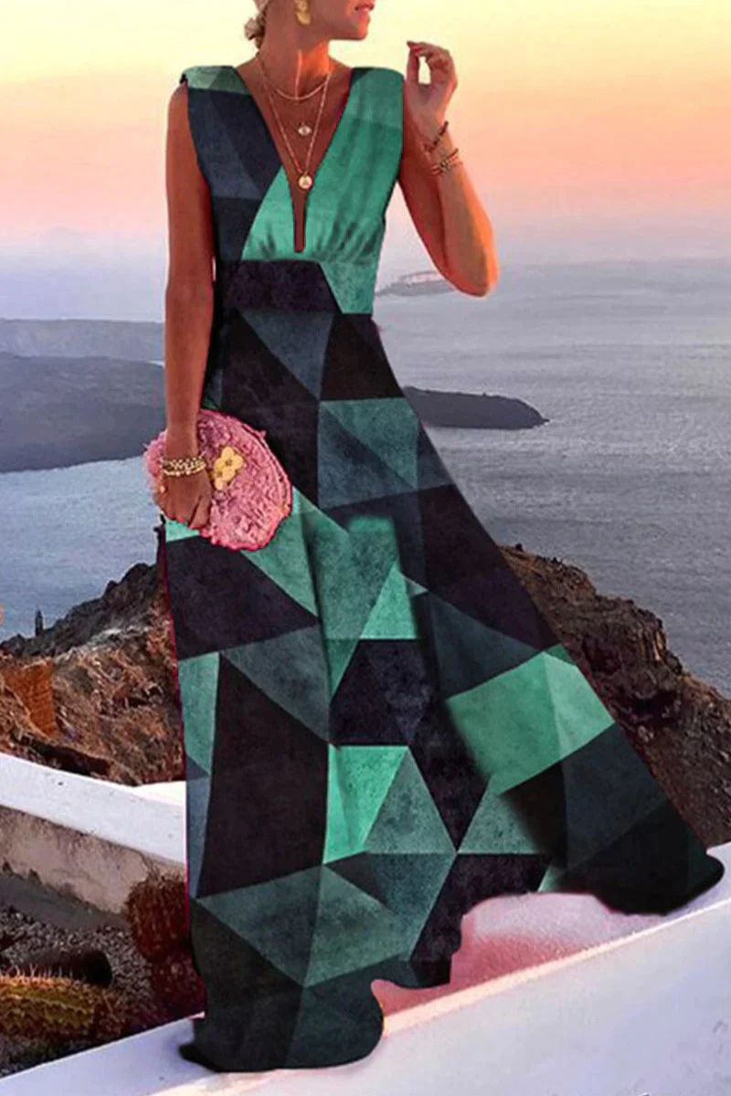 Calixta | Women's V-Neck Sleeveless Printed Maxi Dress - Blue - Image 2