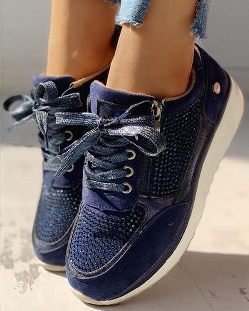 Calla | Women's Rhinestone Lace-Up Platform Sneaker - Navy - Image 2