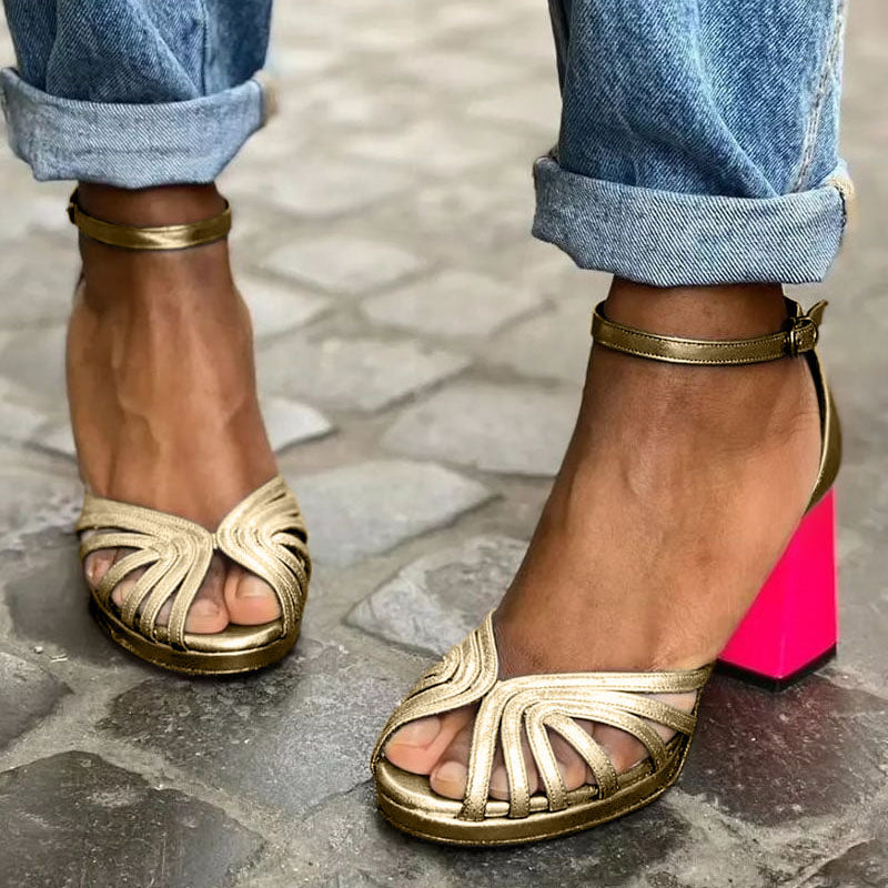Calliandra | Women's Gold Block Heel Ankle Strap Sandals - Gold - Image 1