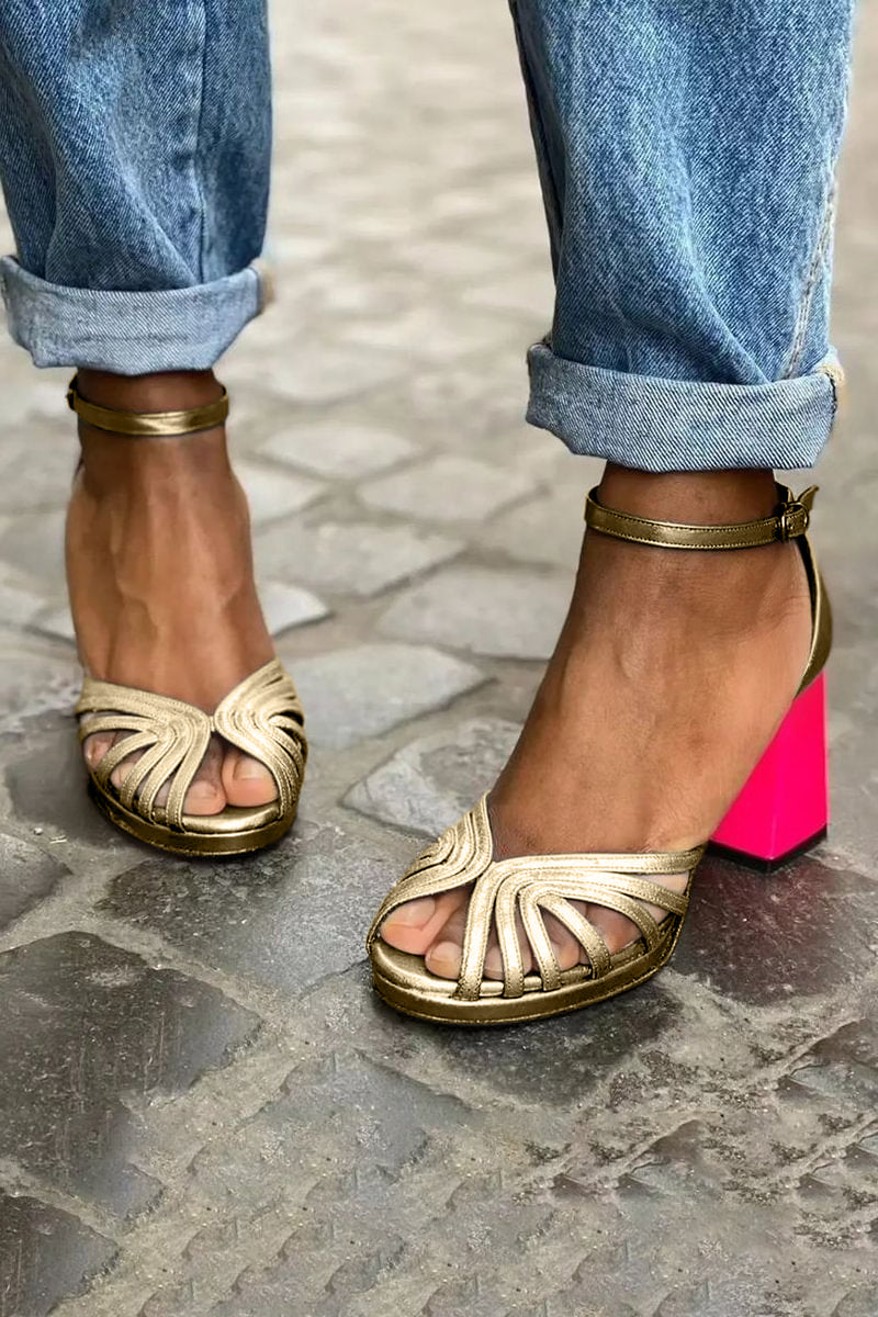 Calliandra | Women's Gold Block Heel Ankle Strap Sandals - Gold - Image 2