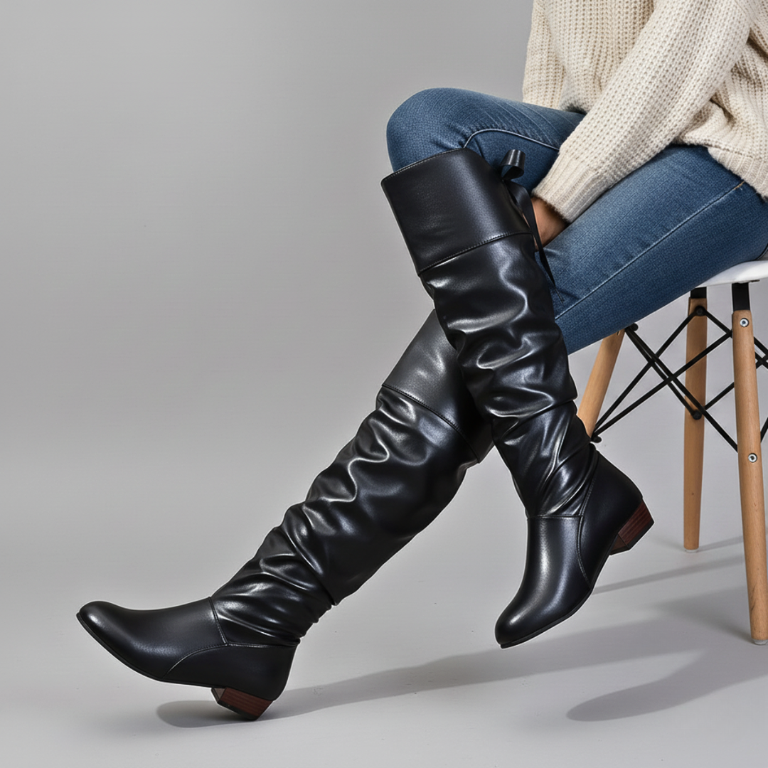 Callista | Women's Knee-High Slouchy Flat Boots - Black - Image 1