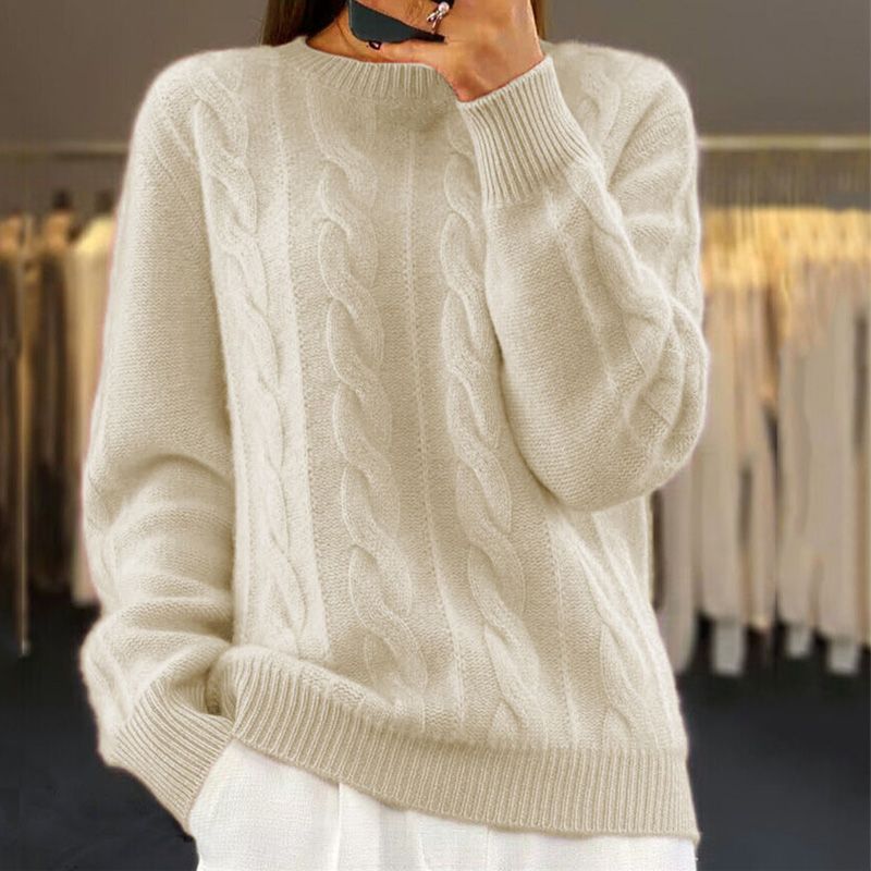 Calveth | Women's Cable Knit Crew Neck Sweater - Cream - Image 1