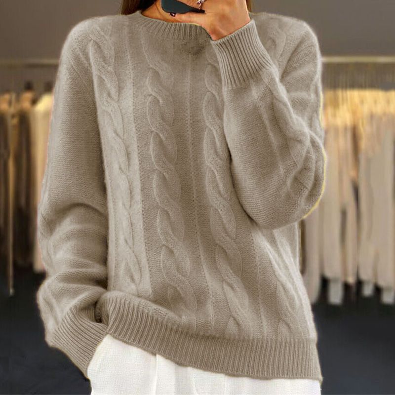 Calveth | Women's Cable Knit Crew Neck Sweater - Cream - Image 2