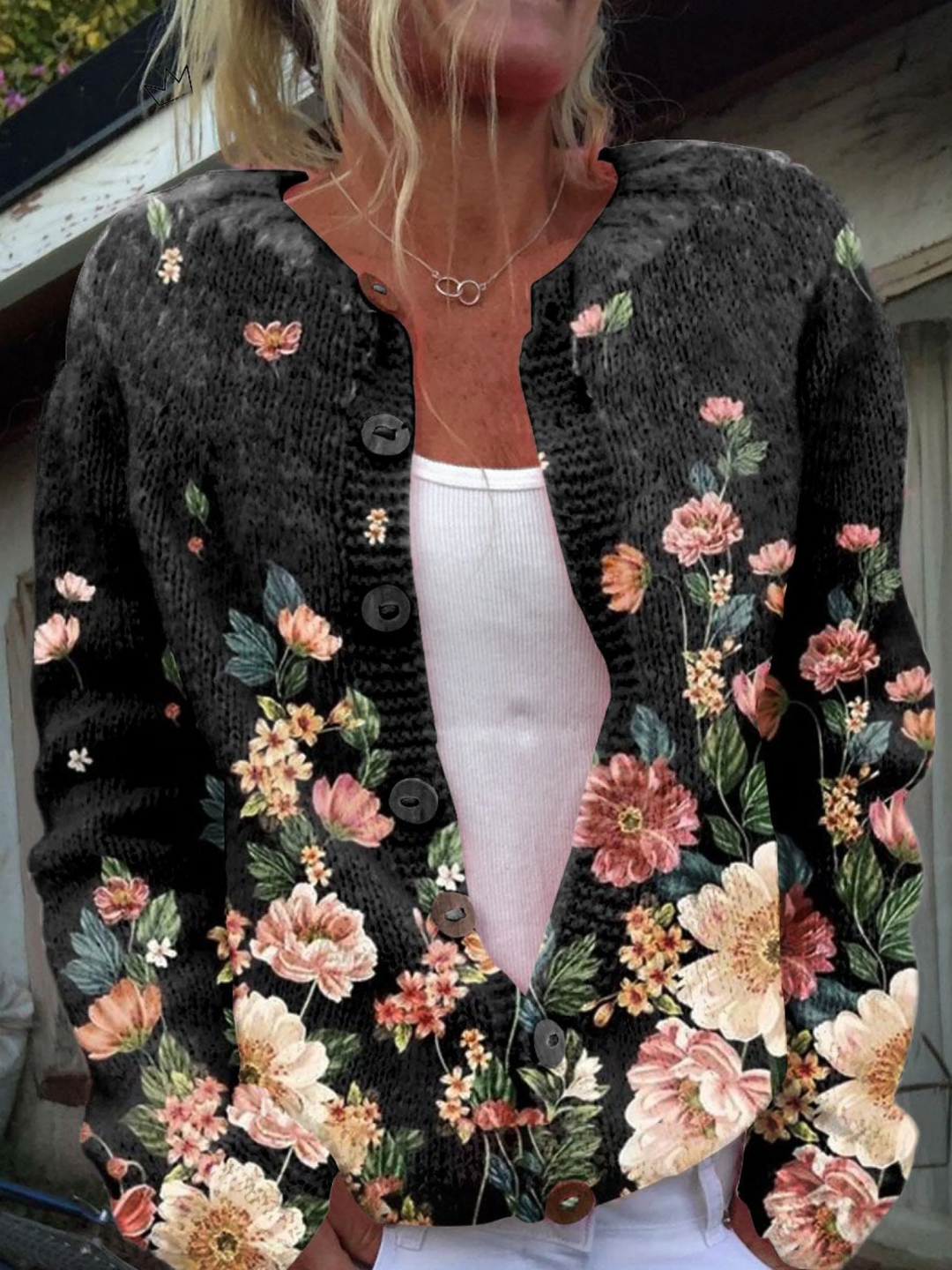 Calveth | Women's Floral Print Button-Up Cardigan - Black - Image 1