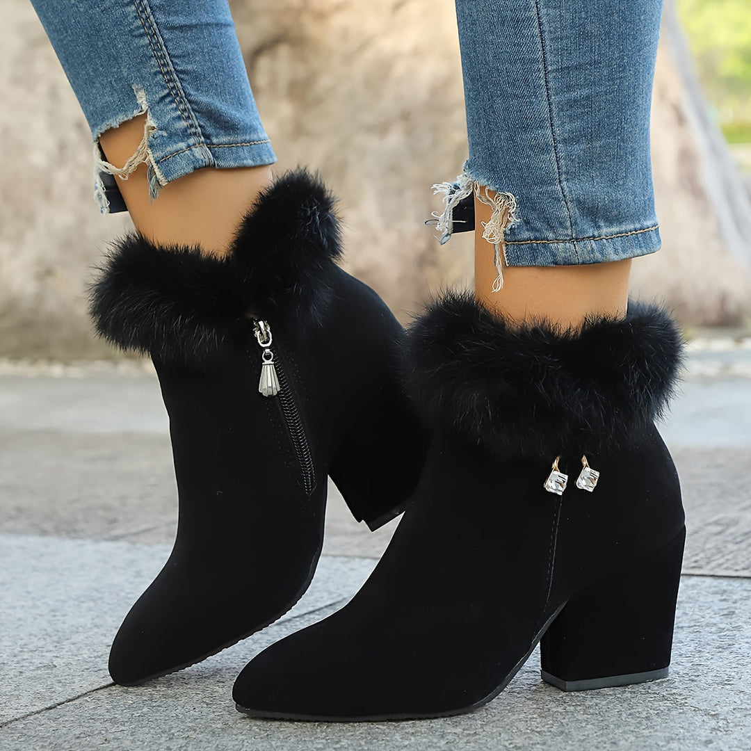 Calveth | Women's Fur-Trim Ankle Boots Block Heel - Black - Image 1