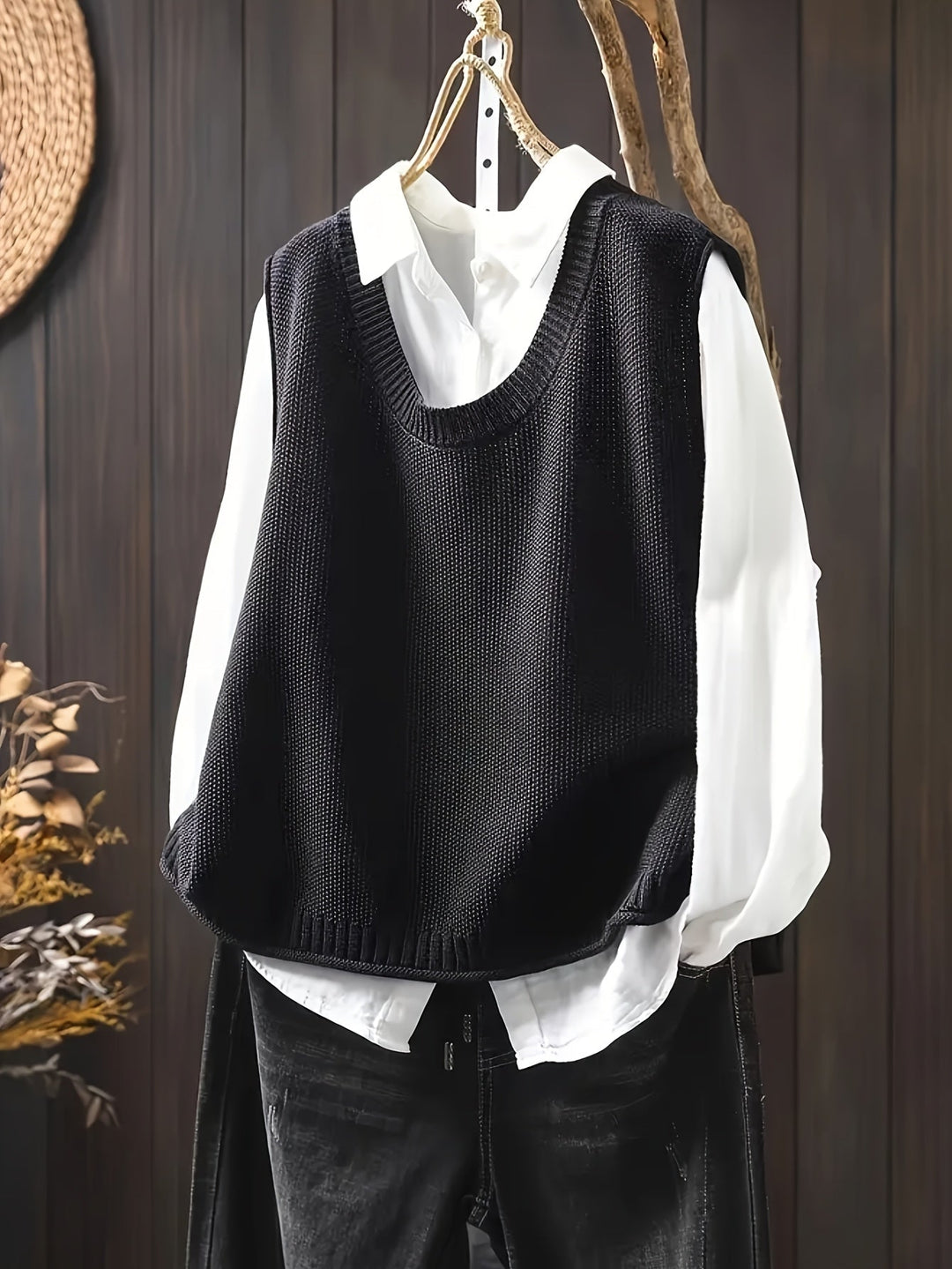 Calveth | Women's Knit Sweater Vest & Shirt Two-Piece Set - Black - Image 1