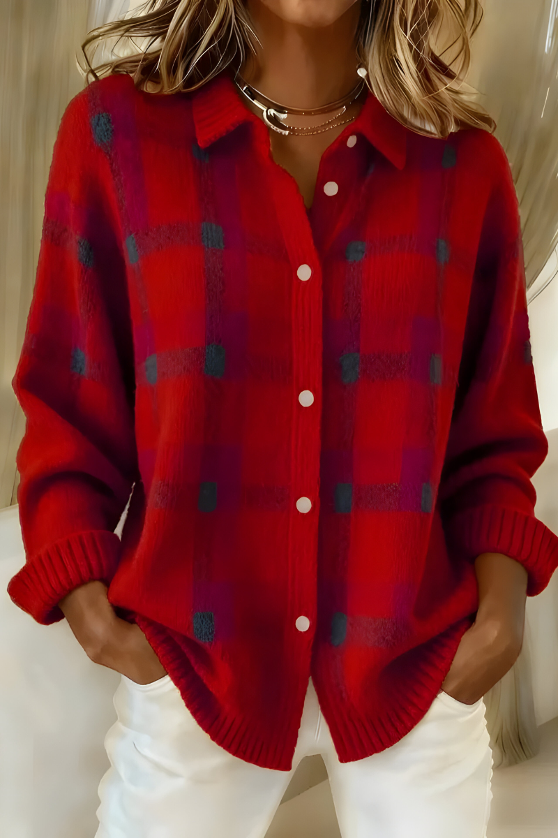Calveth | Women's Plaid Knit Button-Up Sweater - Orange - Image 2