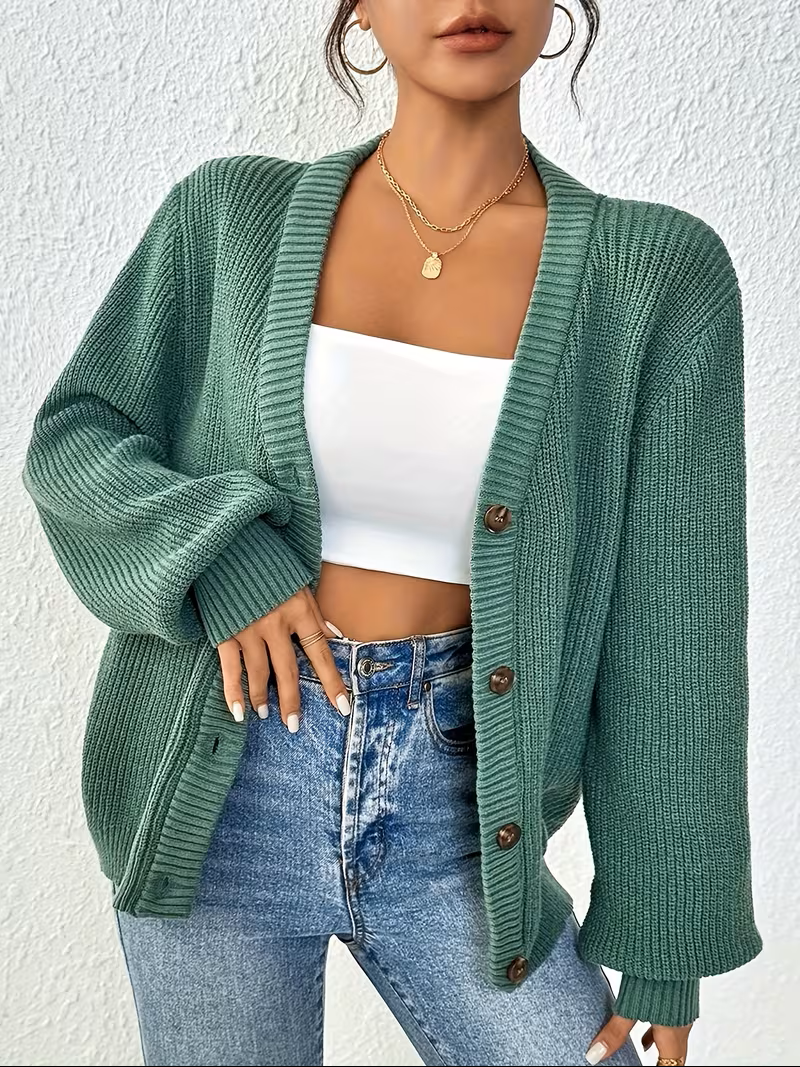 Calveth | Women's Relaxed Knit Button-Front Cardigan - Teal - Image 1