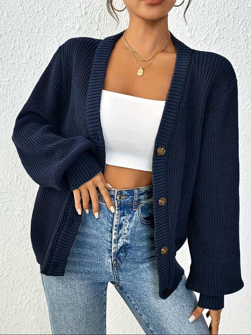 Calveth | Women's Relaxed Knit Button-Front Cardigan - Teal - Image 2