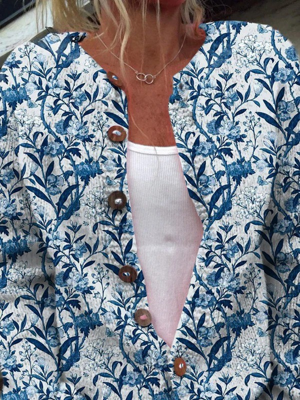 Calveth | Women's Vintage Floral Button-Front Cardigan - Blue - Image 2