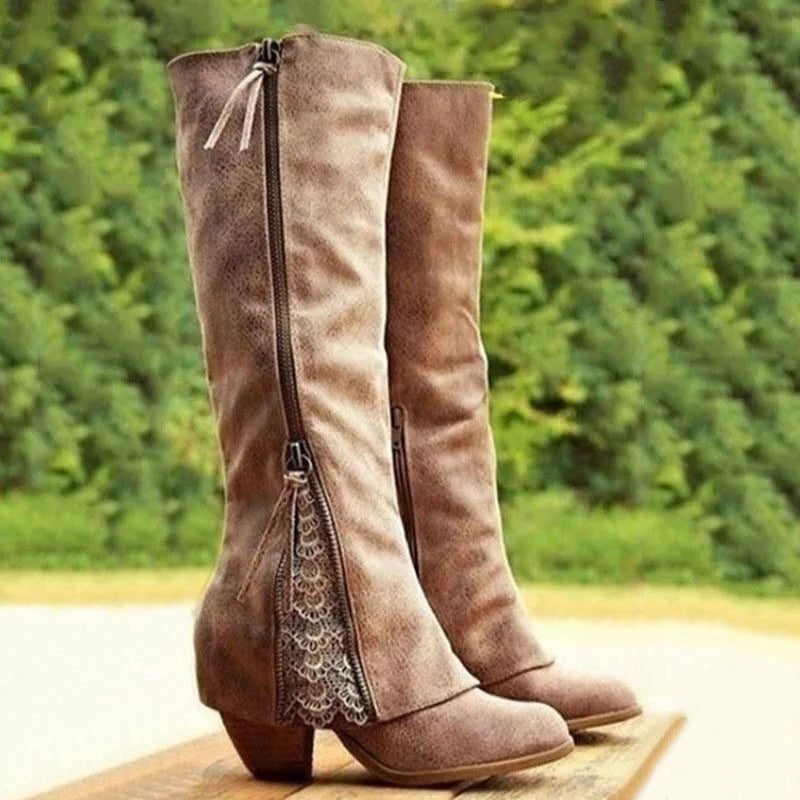 Calvindra | Women's Knee-High Boots with Zipper Detail - Taupe - Image 1