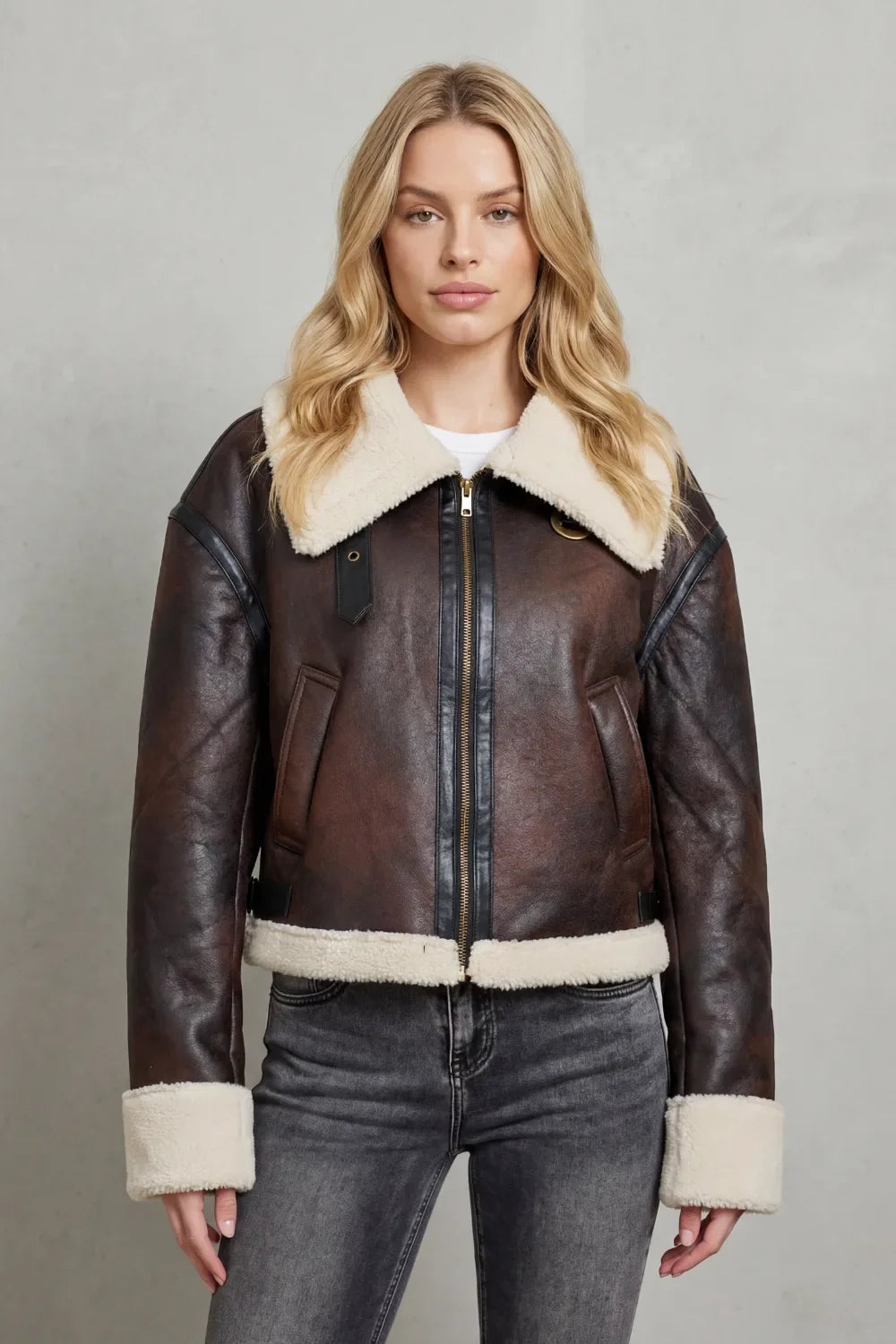 Calvindra | Women's Shearling Aviator Jacket - Dark Brown - Image 2