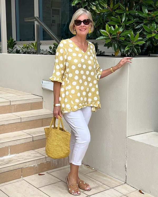 Calypso | Women's Polka Dot V-Neck Blouse - Image 1