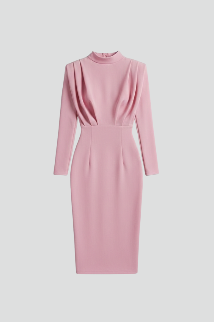 Camille | Women's Mock Neck Long Sleeve Midi Dress - Pink - Image 1