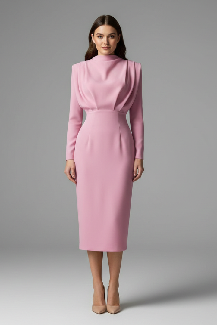 Camille | Women's Mock Neck Long Sleeve Midi Dress - Pink - Image 2