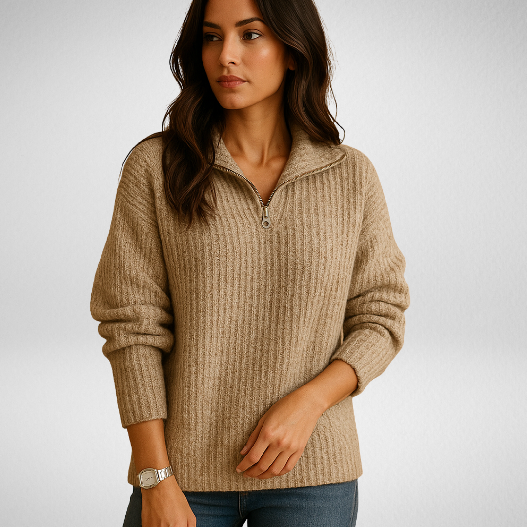 Carwen | Women's Half-Zip Ribbed Knit Sweater - Camel - Image 1