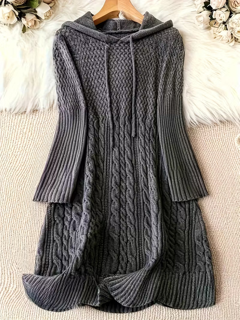 Carwyn | Women's Hooded Cable Knit Sweater Dress - Dark Grey - Image 1