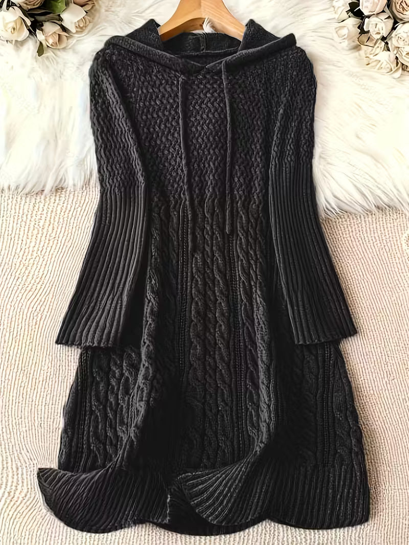 Carwyn | Women's Hooded Cable Knit Sweater Dress - Dark Grey - Image 2