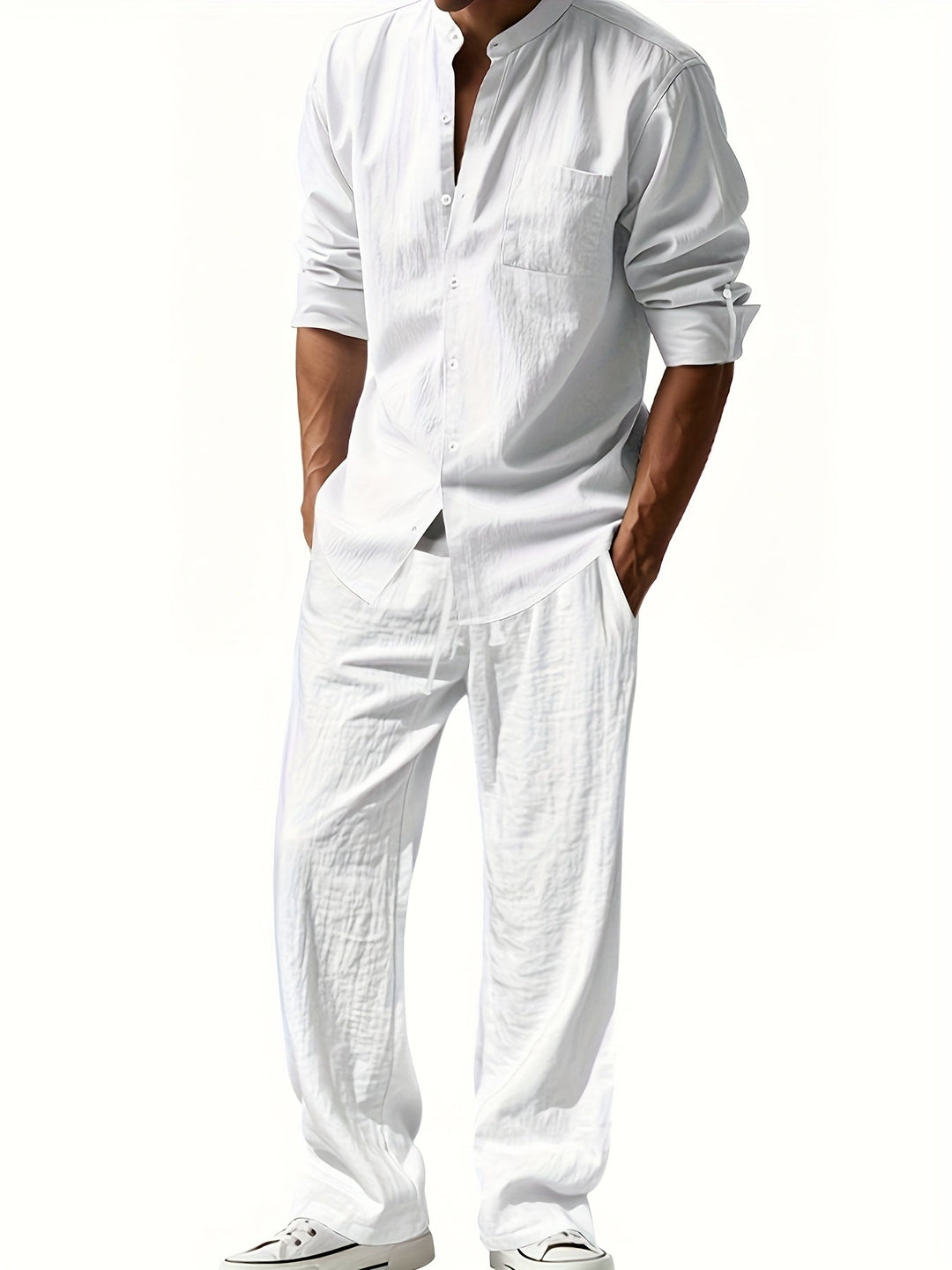Caspian | Men's Band Collar Long Sleeve Shirt & Pants Set - White - Image 1