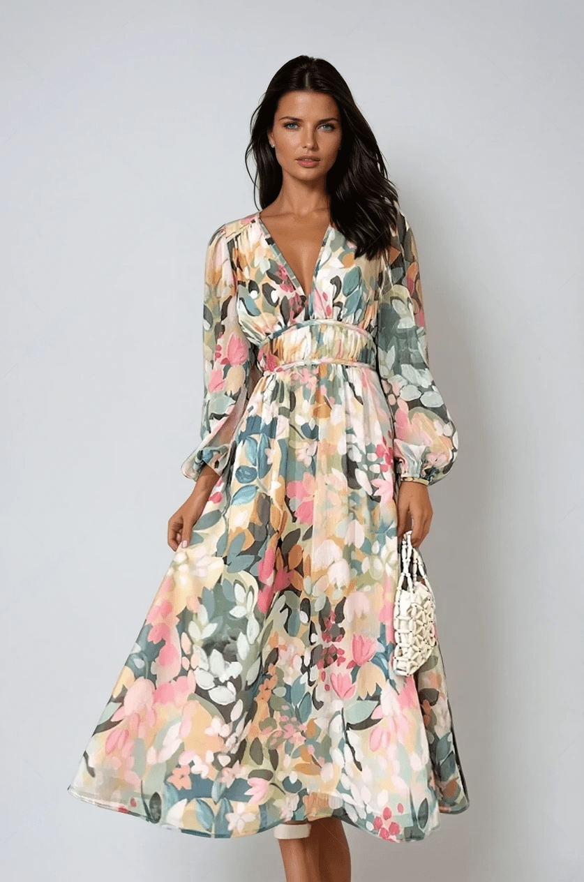 Cassara | Women's Floral V-Neck Long Sleeve Midi Dress - Floral - Image 1