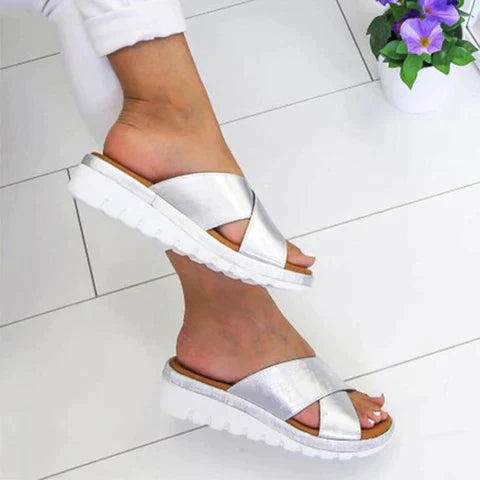 Cassia | Women's Crossover Slip-On Platform Slide Sandal - Silver - Image 1
