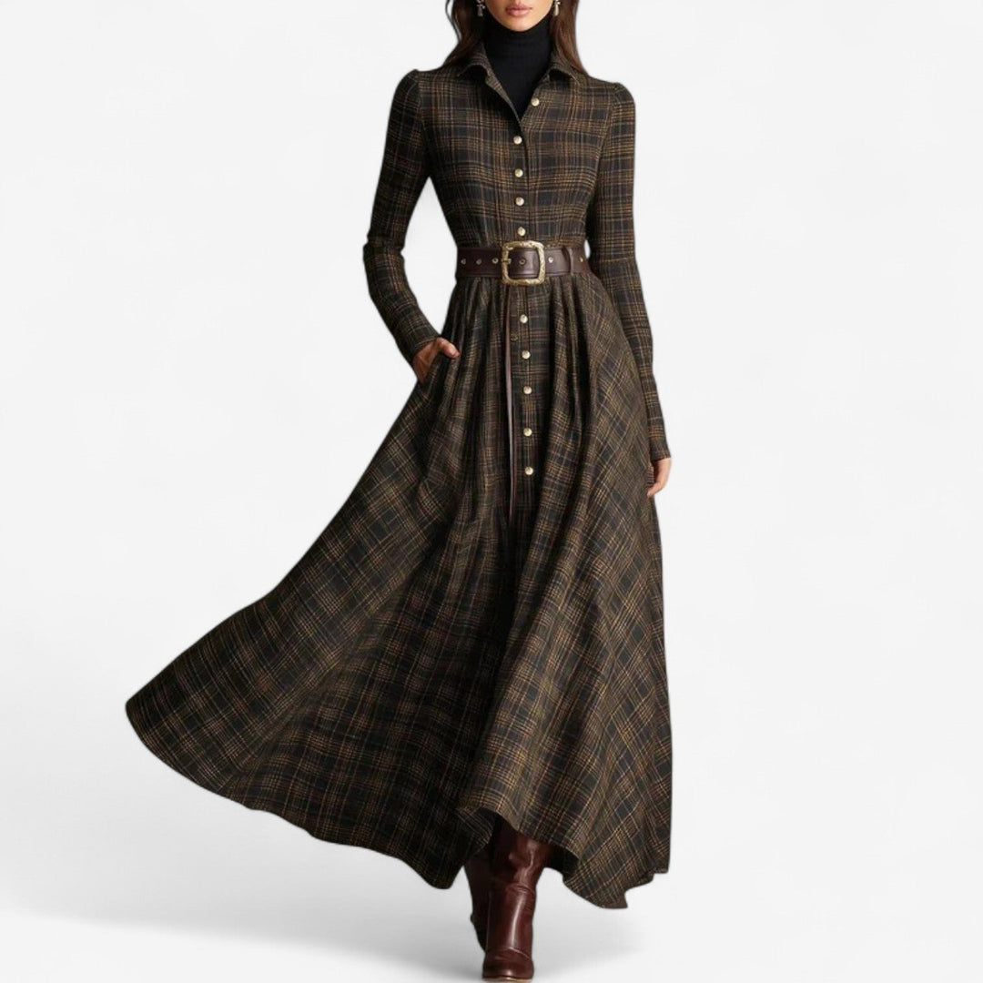 Cassia | Women's Plaid Button-Front Maxi Dress - Brown - Image 1
