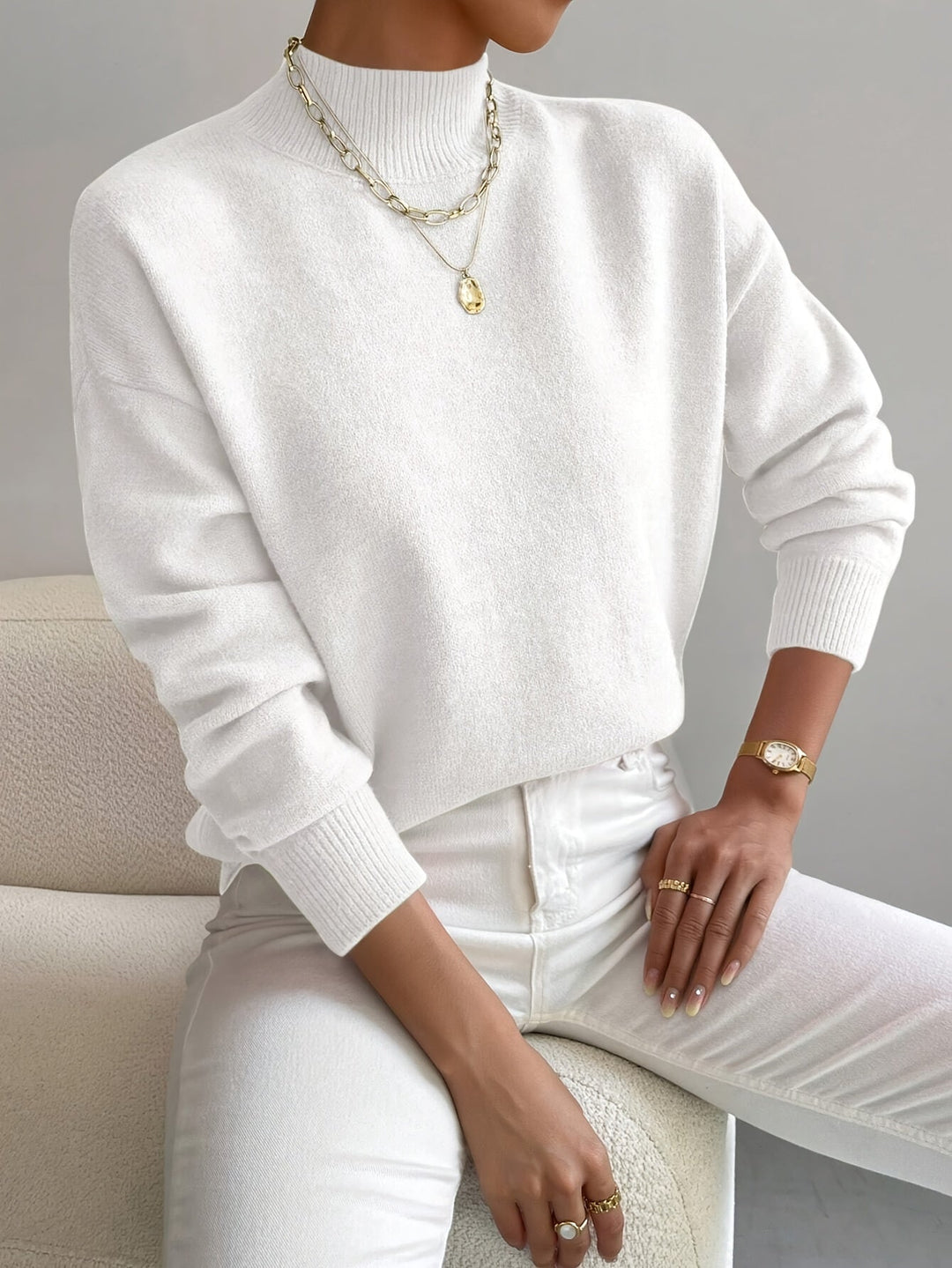 Cavendish | Women's Mock Neck Sweater Knit Top - White - Image 1