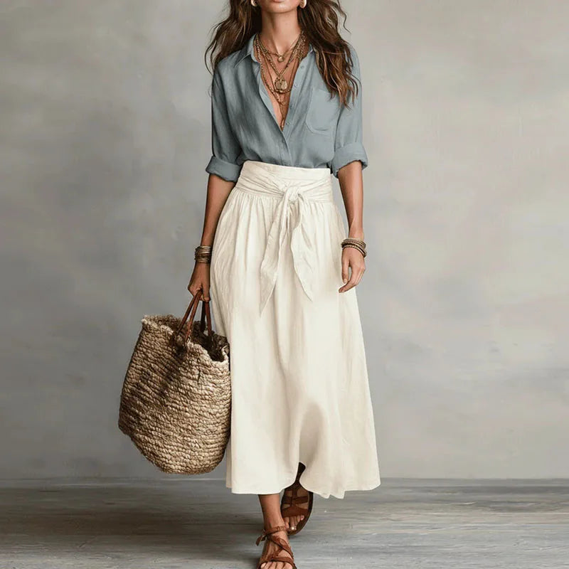 Celeste | Women's Button Down Tie Waist Midi Skirt Set - Cream - Image 1