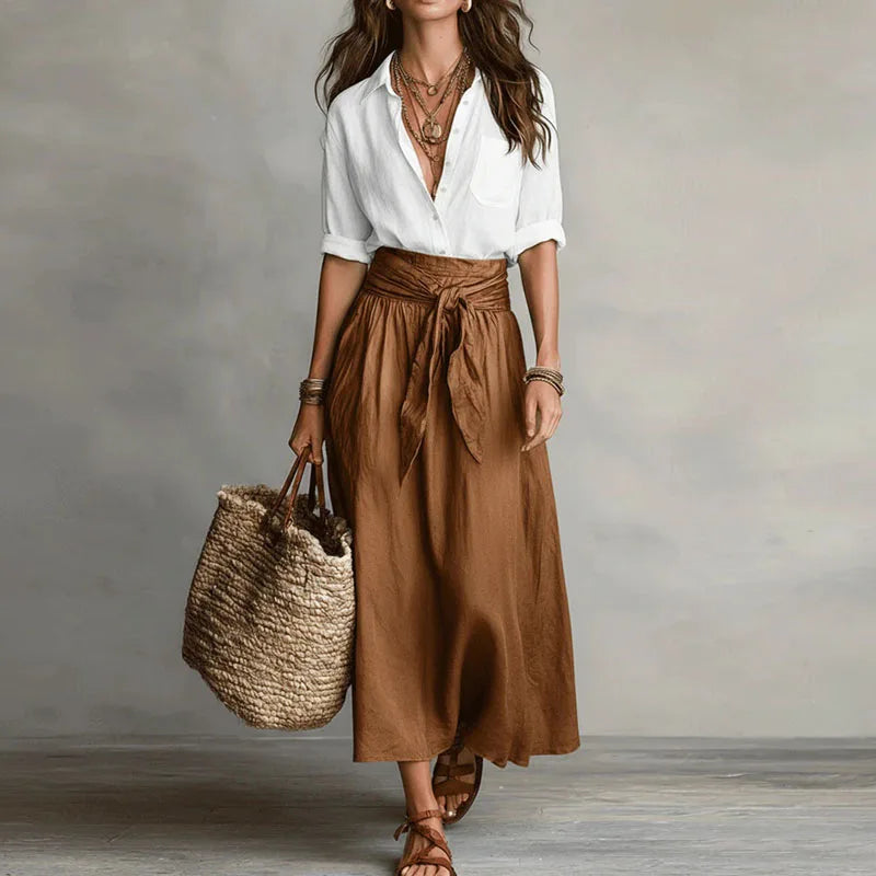 Celeste | Women's Button Down Tie Waist Midi Skirt Set - Cream - Image 2