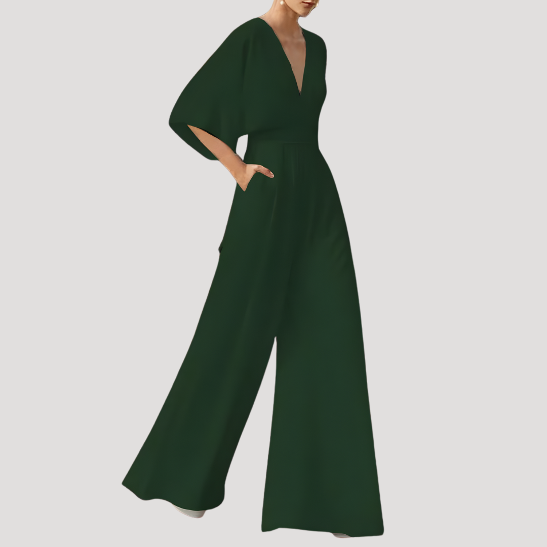 Celeste | Women's V-Neck Wide Leg Jumpsuit - Dark Green - Image 1