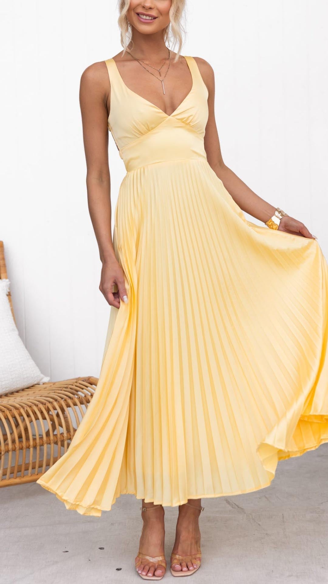 Celestine | Women's V-Neck Pleated Maxi Dress - Yellow - Image 1