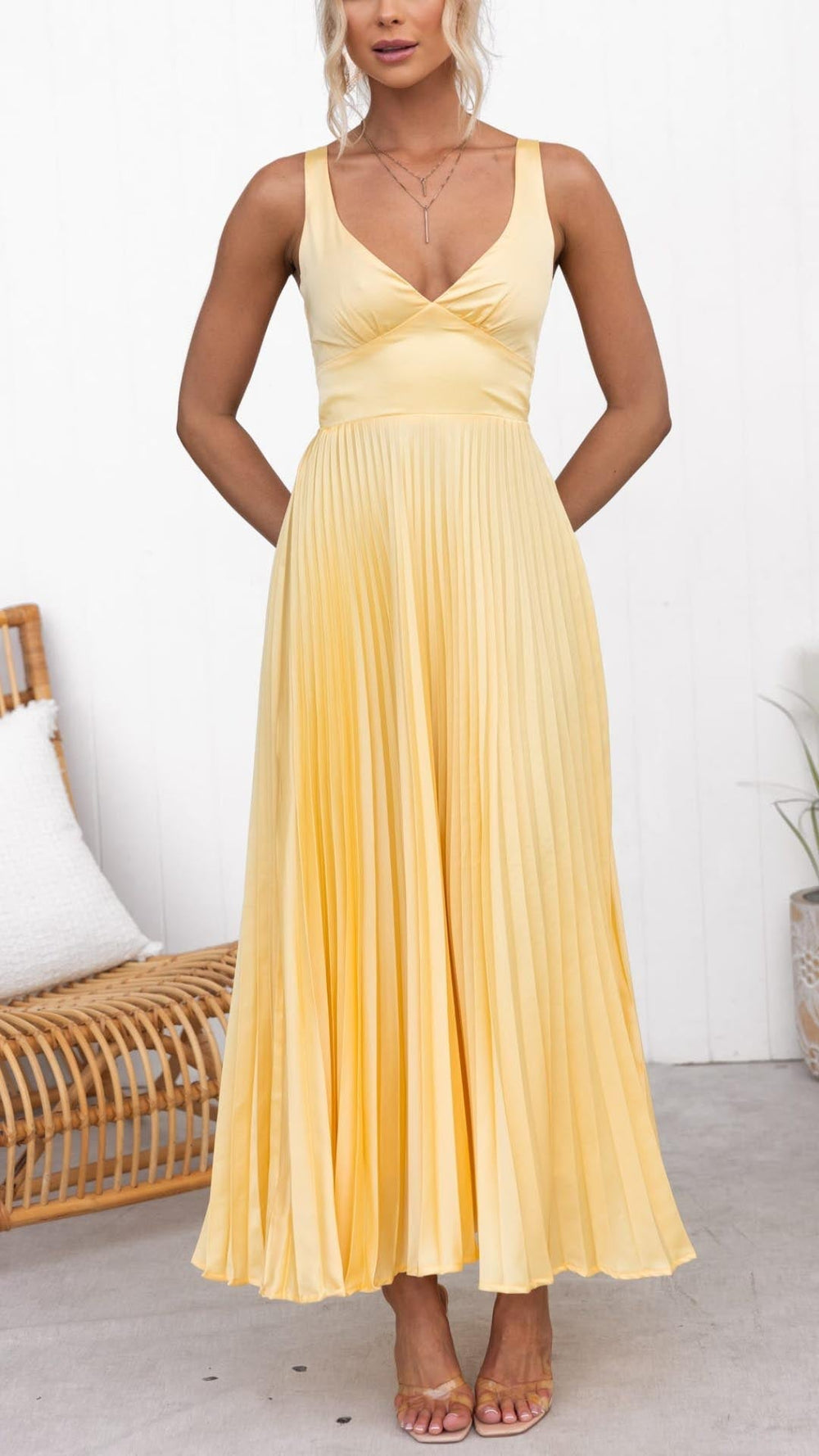 Celestine | Women's V-Neck Pleated Maxi Dress - Yellow - Image 2