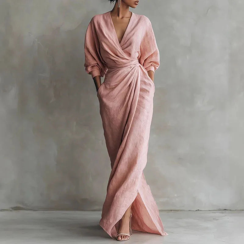 Celindra | Women's Wrap Waist Long Sleeve Maxi Dress - Pink - Image 1