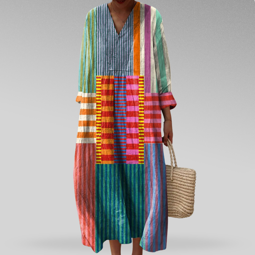 Clarista | Women's Striped Colorblock V-Neck Maxi Dress - Image 1