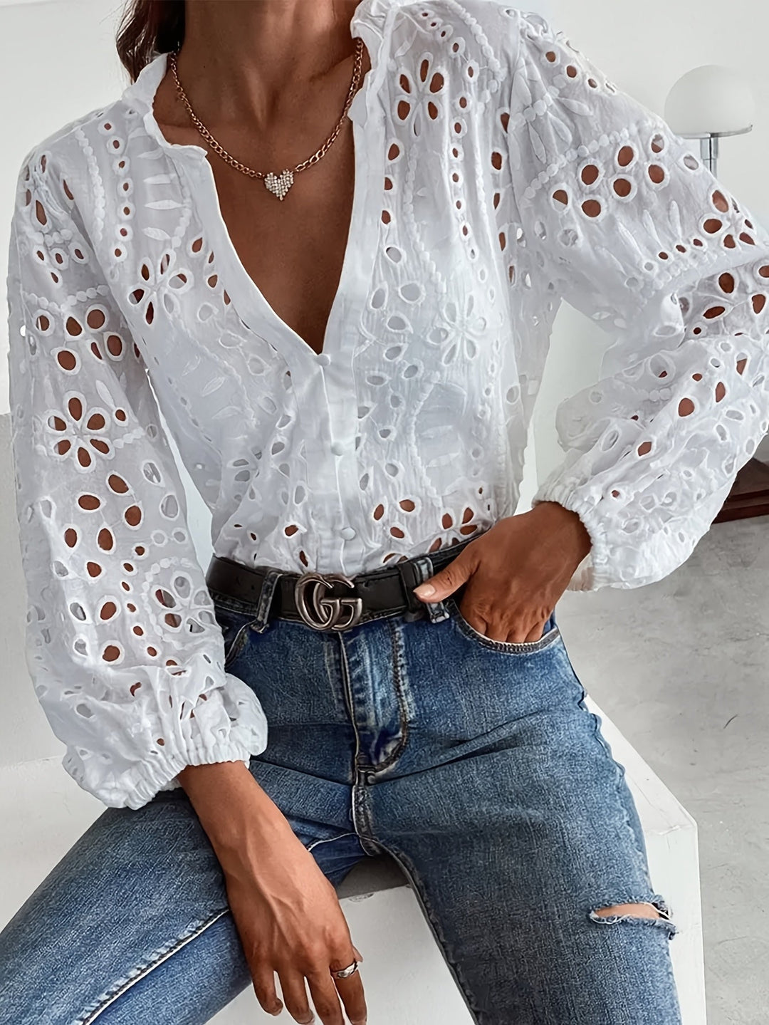 Claudette | Women's Eyelet Long Sleeve Blouse - White - Image 1