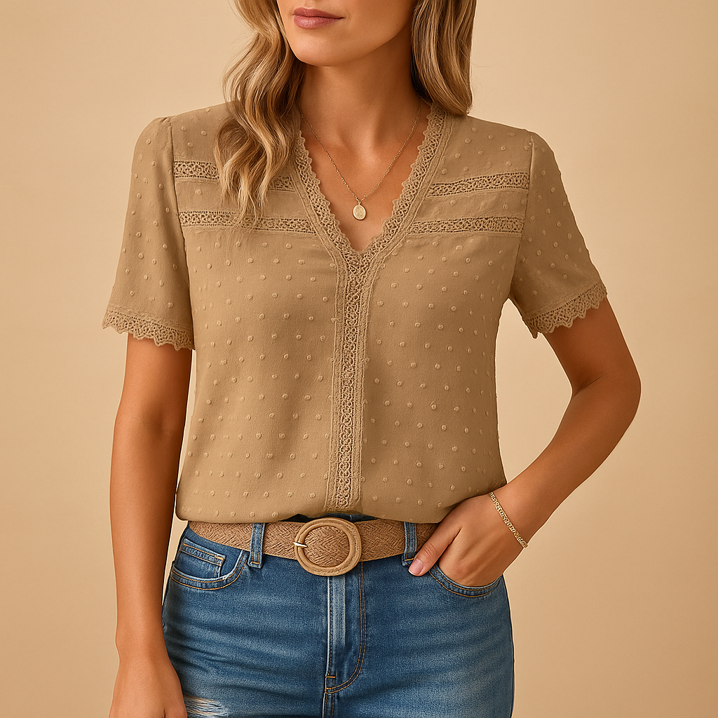 Clovaine | Women's V-Neck Lace Trim Short Sleeve Blouse - Camel - Image 1