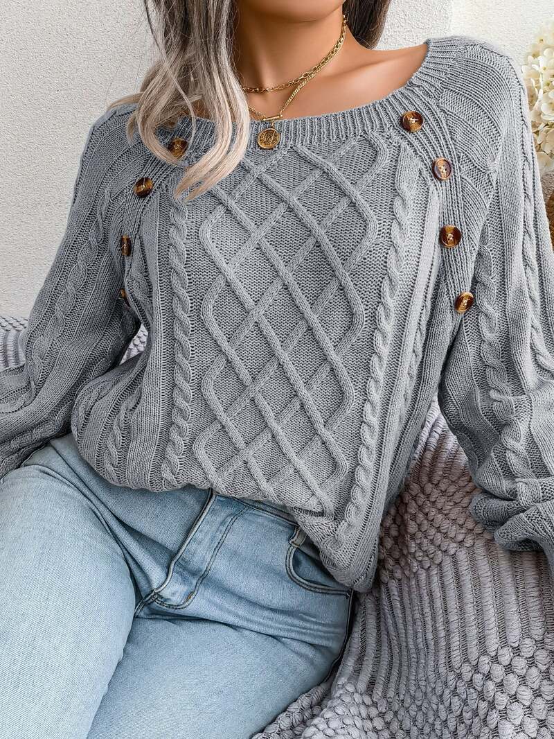 Corabel | Women's Cable-Knit Sweater with Button Detail - Grey - Image 2