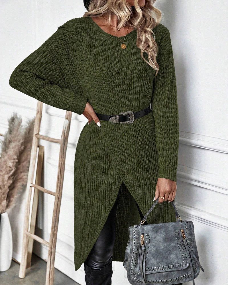 Corabel | Women's Sweater Dress Ribbed Knit Midi - Dark Green - Image 2
