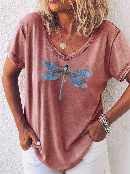Cordula | Women's Dragonfly Print V-Neck Short Sleeve Top - Image 1