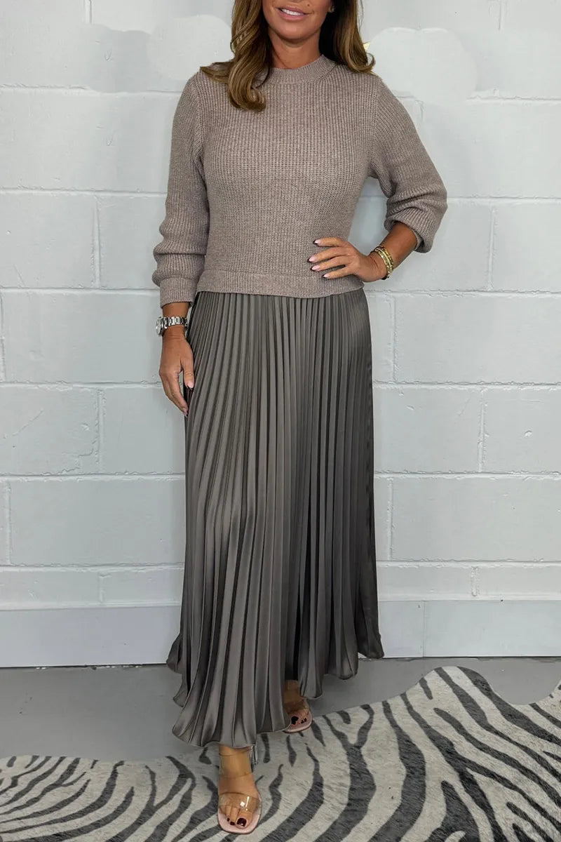 Corinna | Women's Knit Sweater Midi Dress with Pleated Skirt - Taupe - Image 1