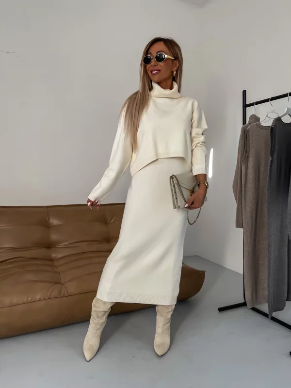 Corvaine | Women's Turtleneck Knit Sweater Dress Set - Cream - Image 1