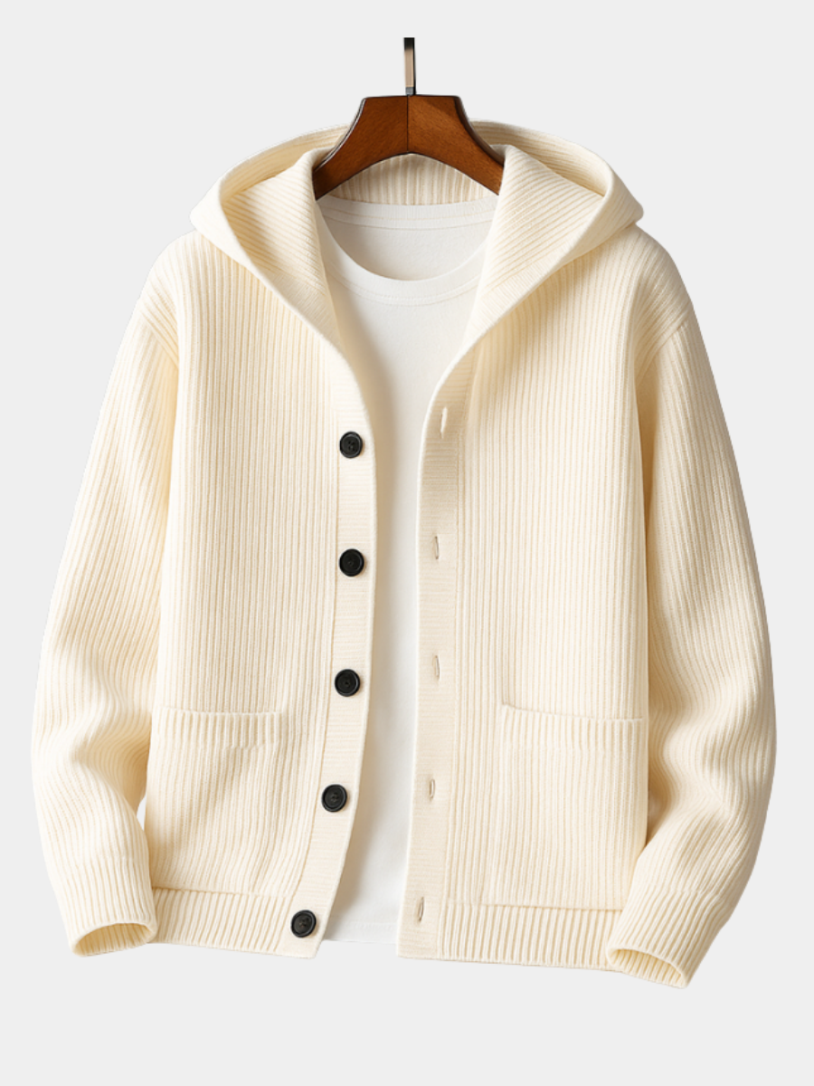Corvan | Men's Hooded Cardigan Ribbed Sweater - Cream - Image 1