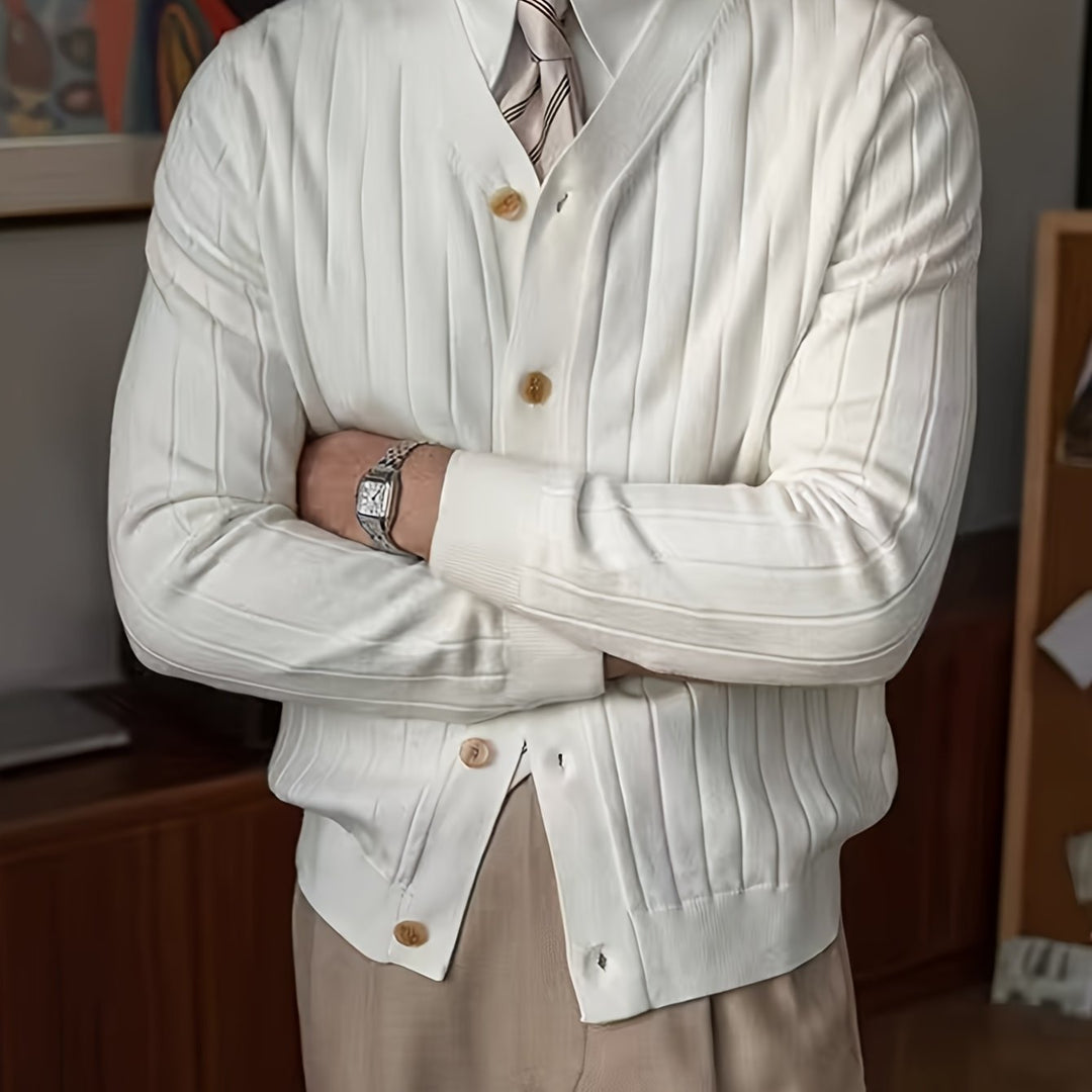 Corvell | Men's Ribbed Button-Up Cardigan Sweater - Cream - Image 1