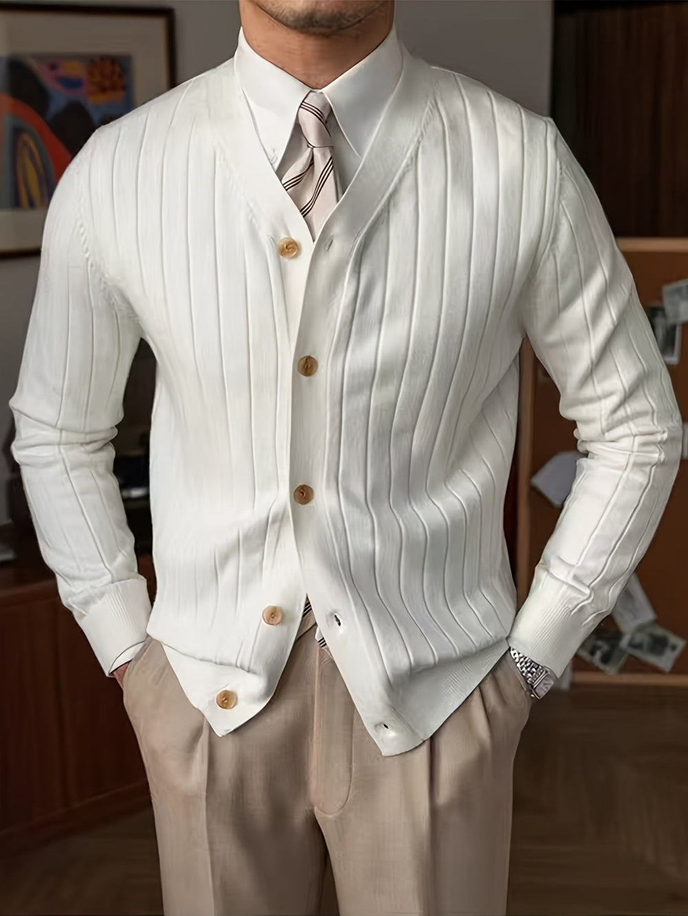 Corvell | Men's Ribbed Button-Up Cardigan Sweater - Cream - Image 2