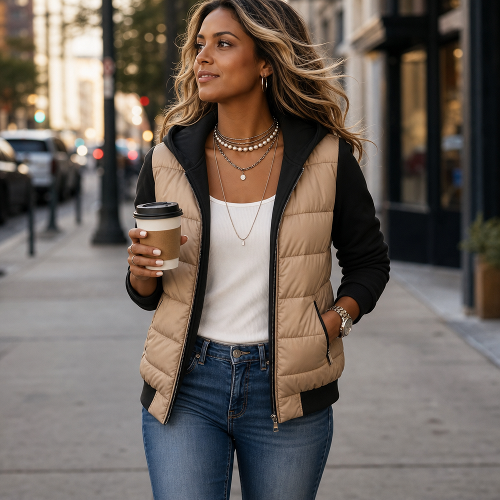 Corvine | Women's Hooded Puffer Jacket with Knit Sleeves - Camel - Image 2