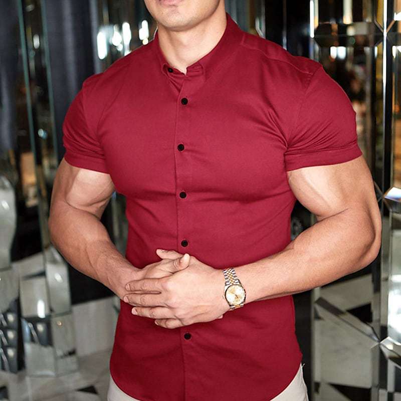 Corvus | Men's Slim Fit Short Sleeve Mandarin Collar Shirt - Burgundy - Image 1