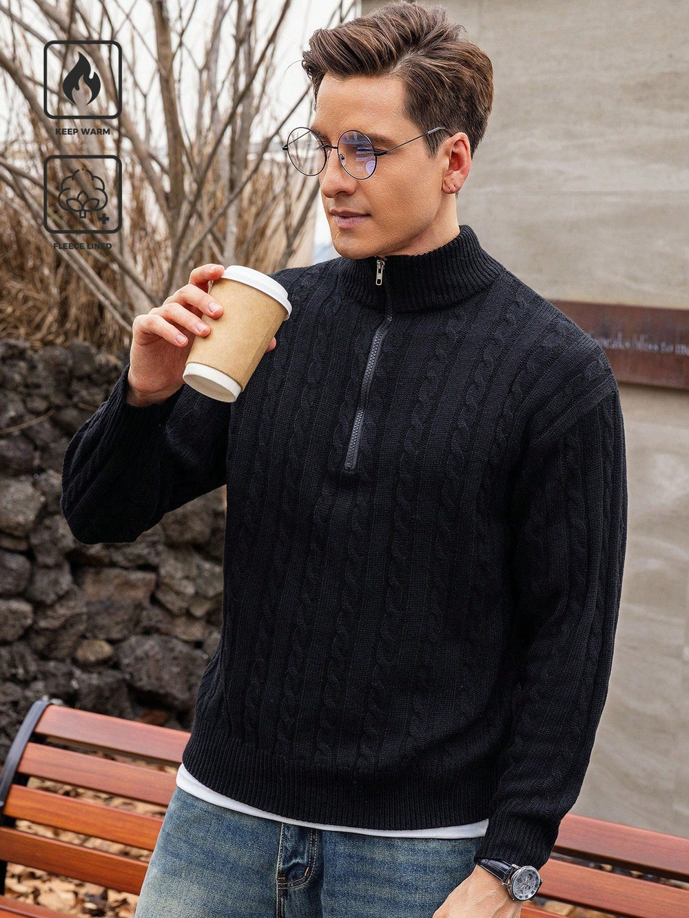 Corvyn | Men's Cable Knit Half-Zip Sweater - Image 2