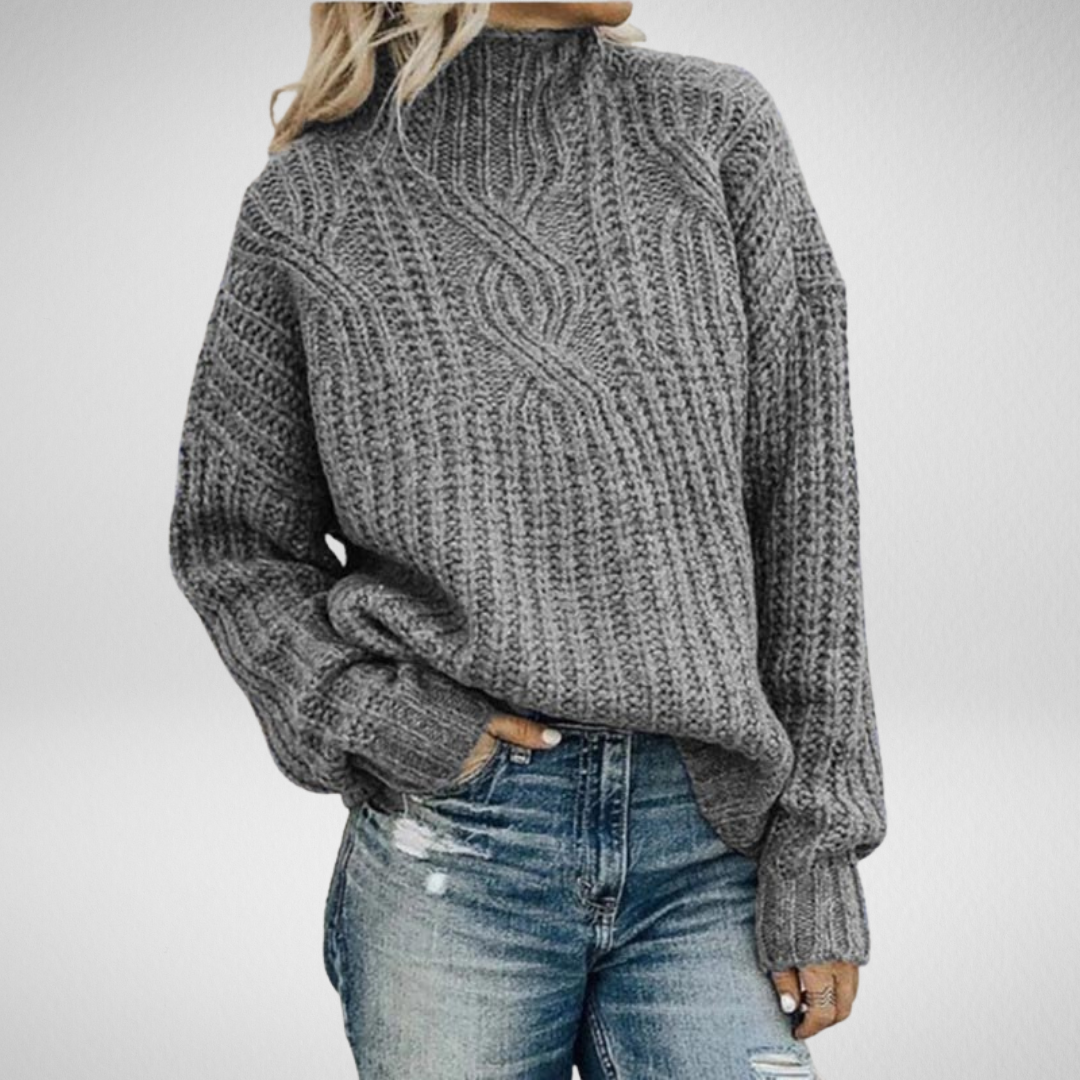 Corwen | Women's Cable-Knit Sweater Mock Neck - Grey - Image 1