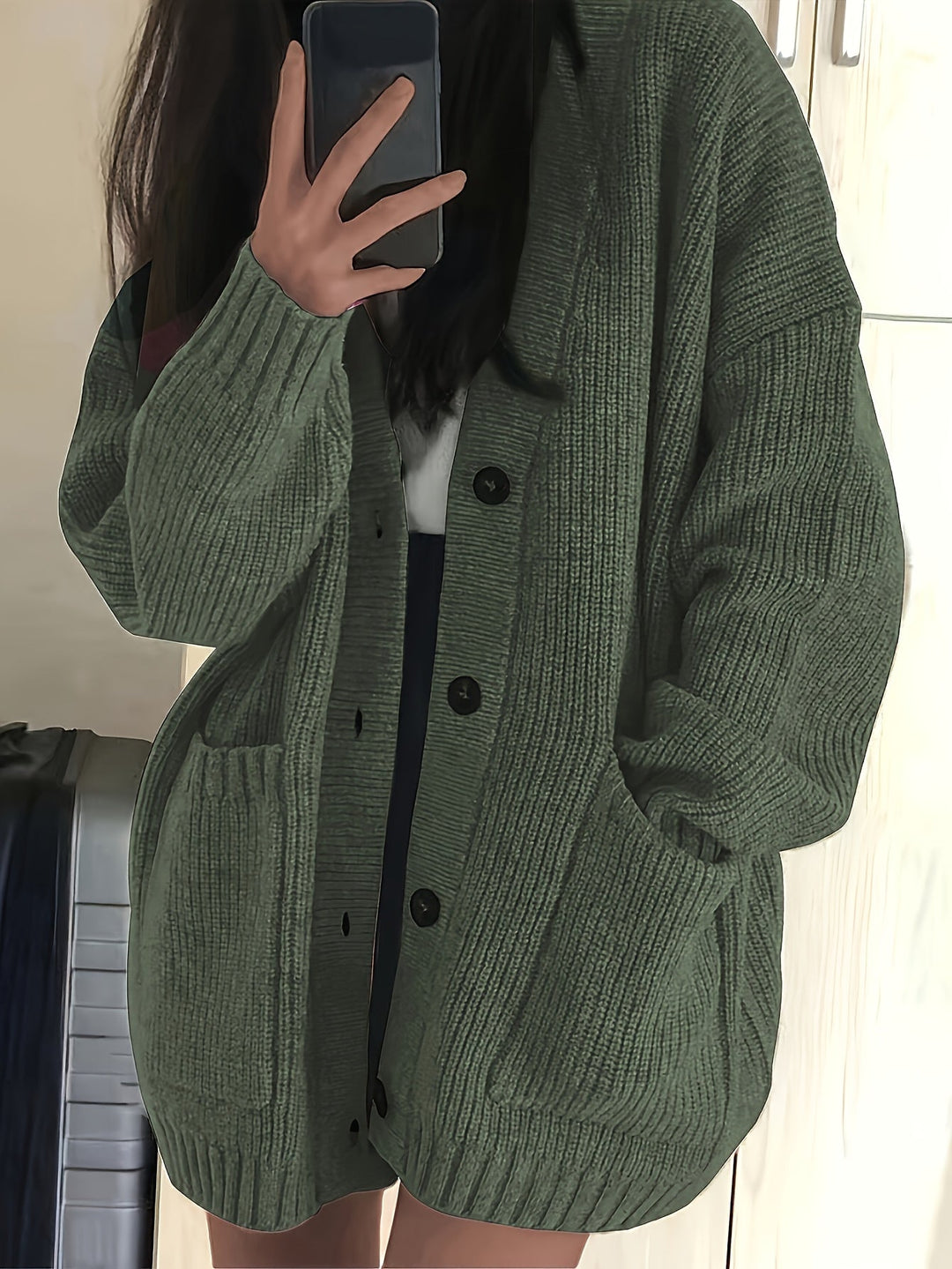 Daravel | Women's Oversized Ribbed Cardigan - Olive Green - Image 1