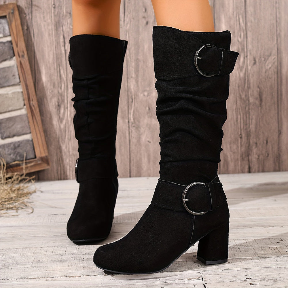 Darcel | Women's Knee-High Slouch Boots with Block Heel - Taupe - Image 2